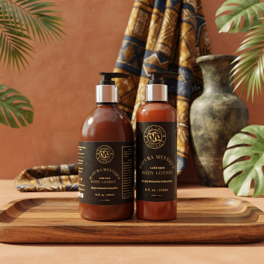 Two amber bottles of body wash and body lotion from 'The Art of Natural' on a wooden tray, styled with tropical leaves and a patterned textile against a terracotta background.